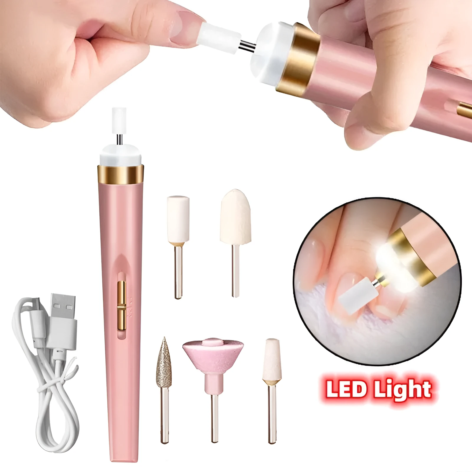 5in1 cordless rechargeable nail drill set with LED light, five abrasive heads, and USB cable on white background