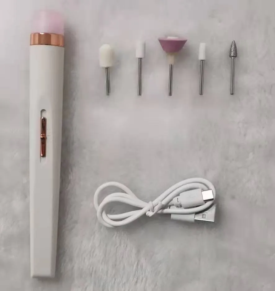 5in1 cordless rechargeable nail drill set with LED light, five abrasive heads, and USB cable on white background