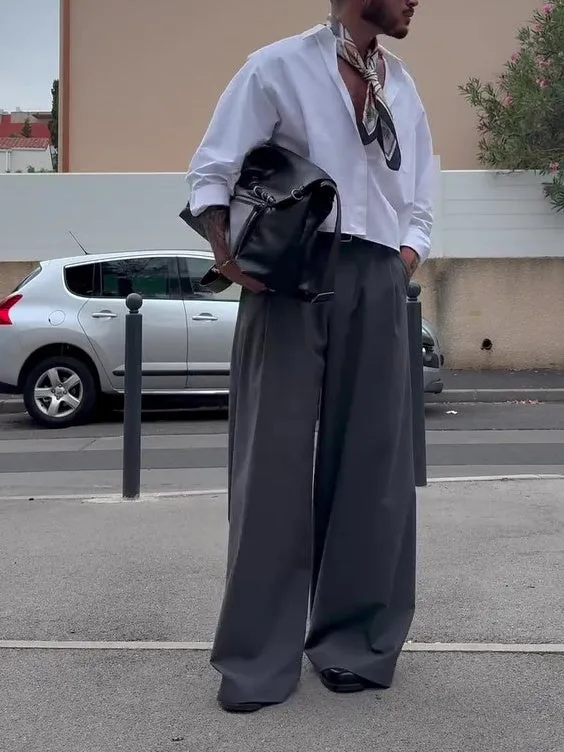 Grey men's high-waisted wide-leg casual trousers on a hanger.