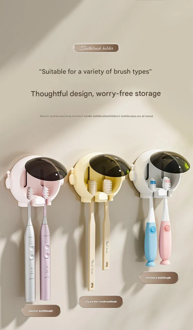 Cartoon-themed wall-mounted bathroom storage rack for electric and manual toothbrushes in pink, white, or yellow.