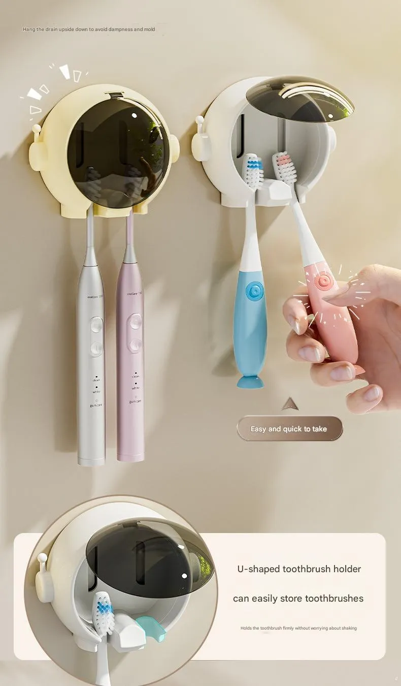 Cartoon-themed wall-mounted bathroom storage rack for electric and manual toothbrushes in pink, white, or yellow.