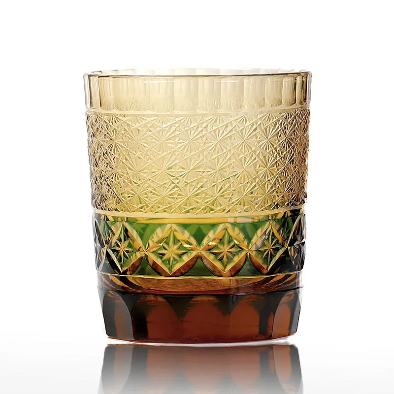 Hand carved crystal whiskey glass in amber colour with Japanese retro style