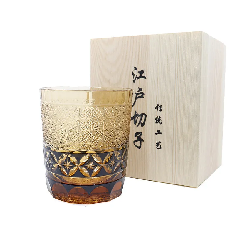 Hand carved crystal whiskey glass in amber colour with Japanese retro style