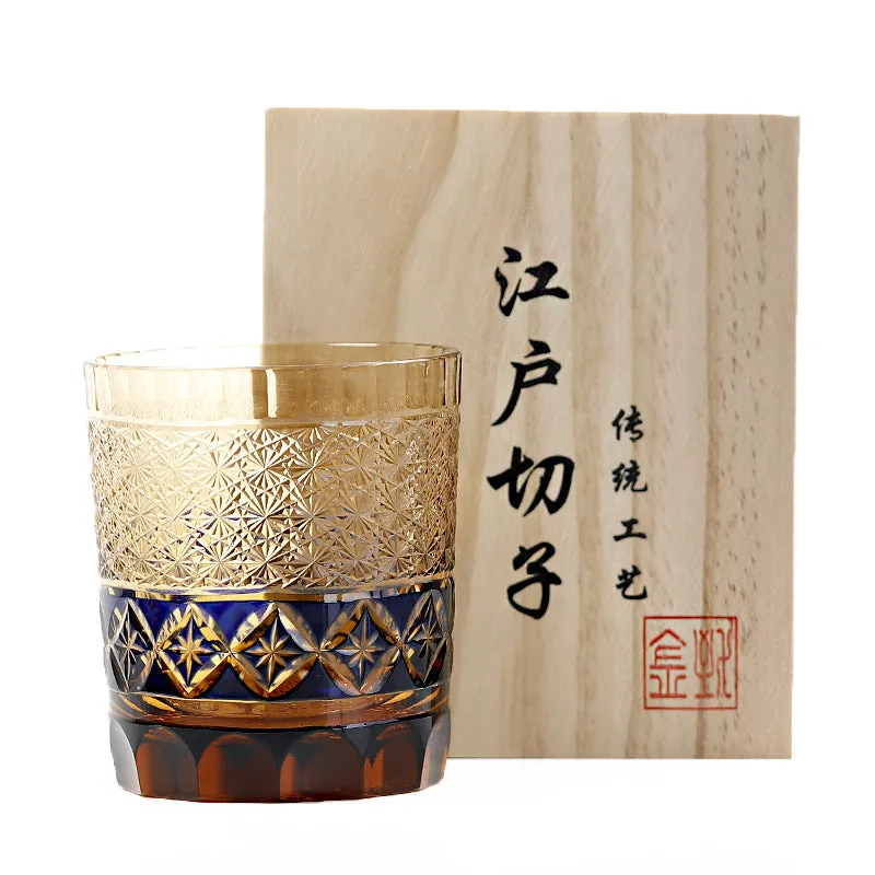 Hand carved crystal whiskey glass in amber colour with Japanese retro style