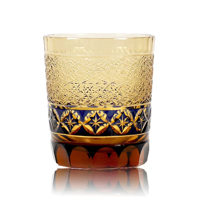 Hand carved crystal whiskey glass in amber colour with Japanese retro style