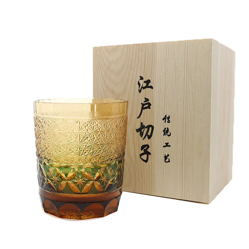 Hand carved crystal whiskey glass in amber colour with Japanese retro style