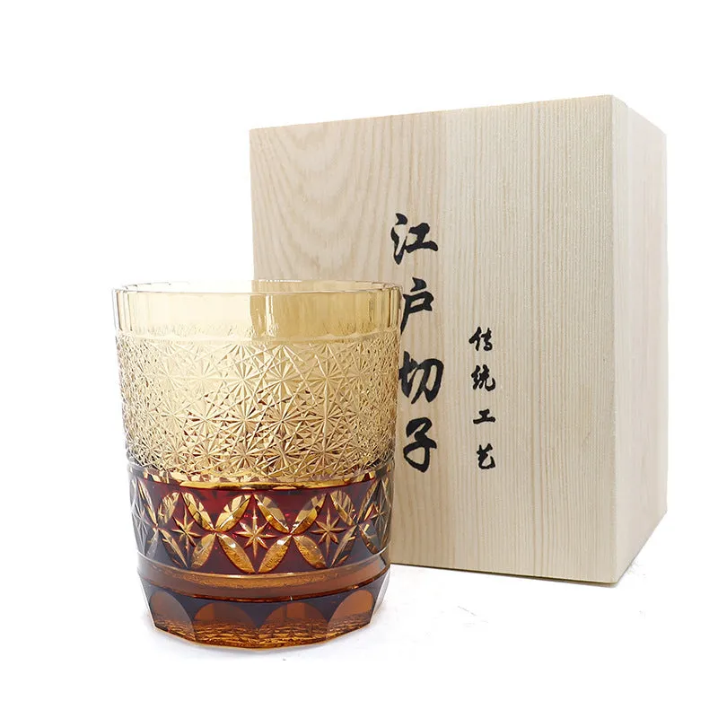 Hand carved crystal whiskey glass in amber colour with Japanese retro style