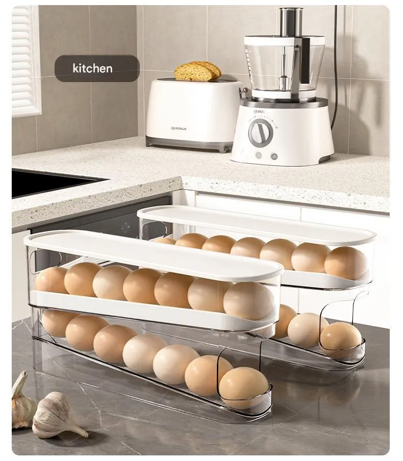 White plastic refrigerator slide-out egg tray with automatic dispenser mounted on refrigerator door