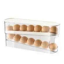 White plastic refrigerator slide-out egg tray with automatic dispenser mounted on refrigerator door