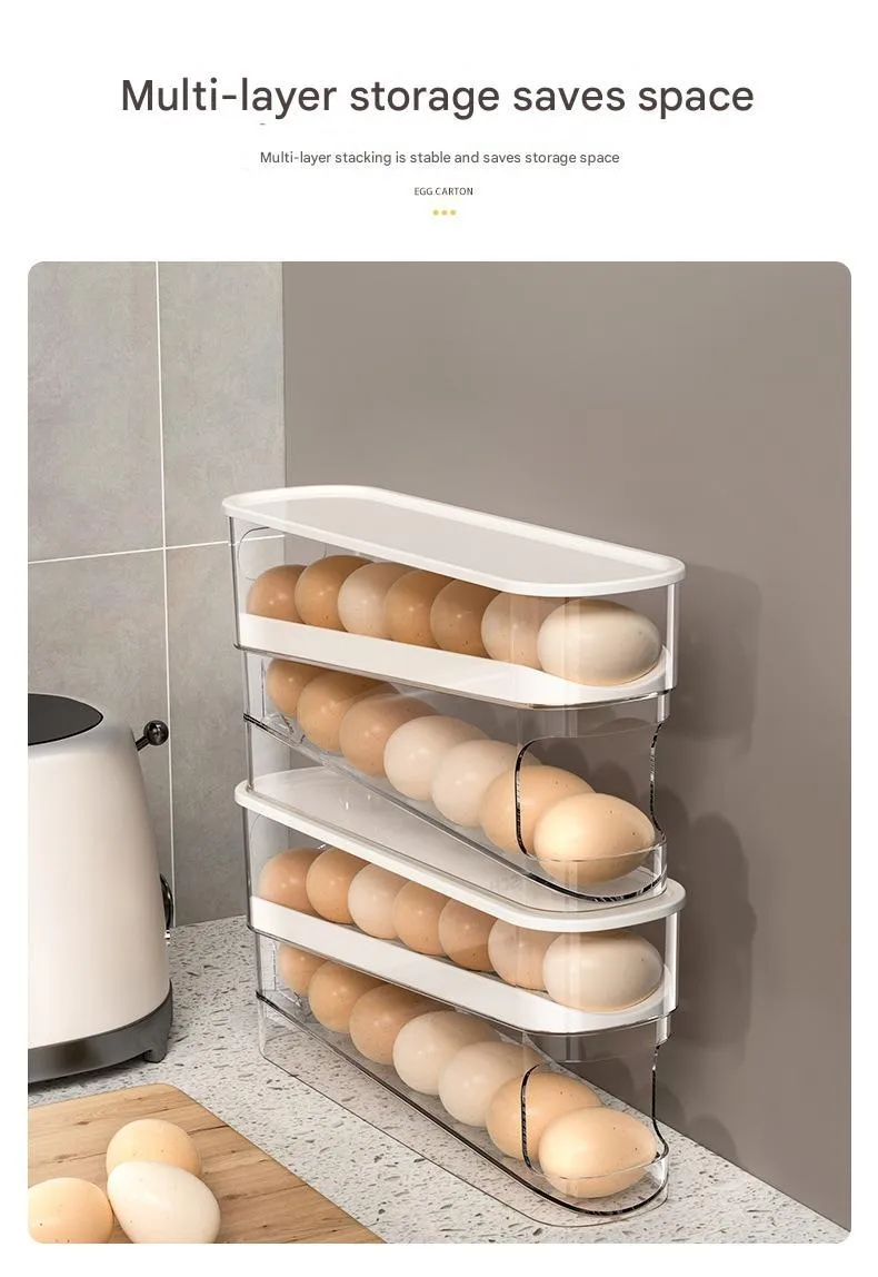 White plastic refrigerator slide-out egg tray with automatic dispenser mounted on refrigerator door