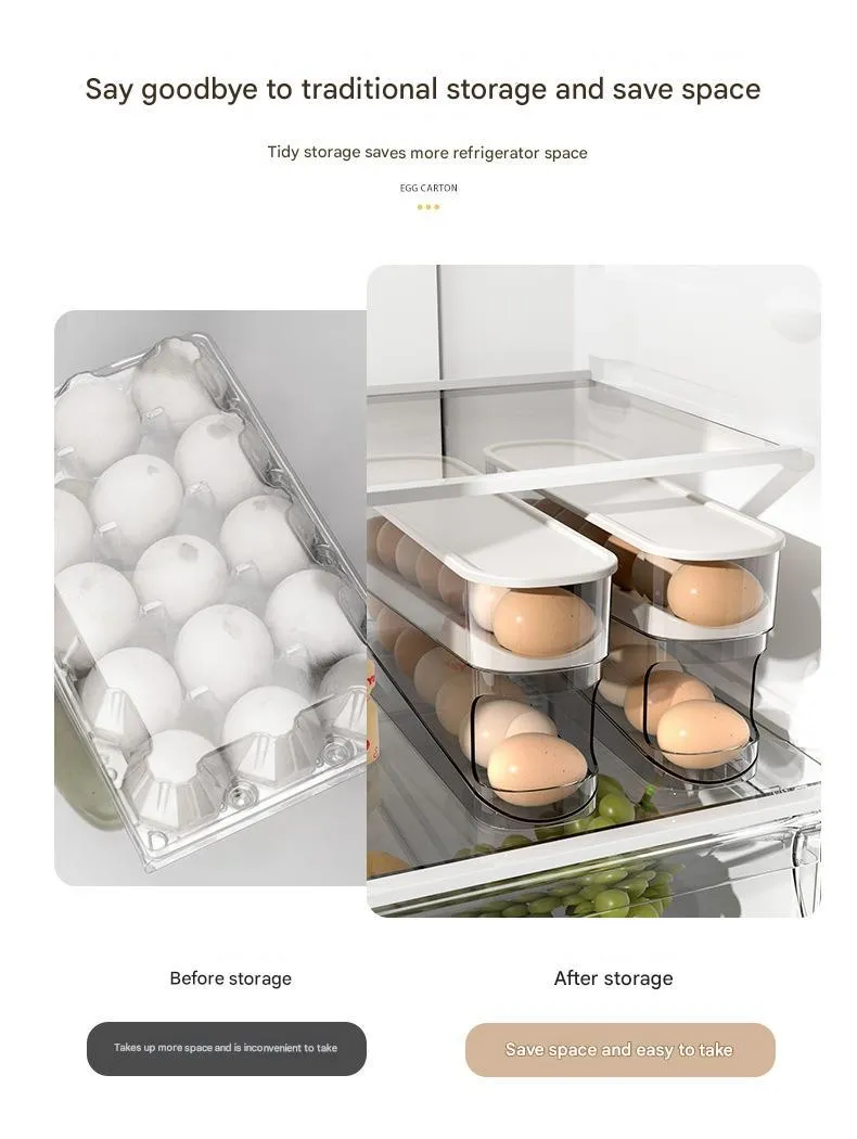 White plastic refrigerator slide-out egg tray with automatic dispenser mounted on refrigerator door