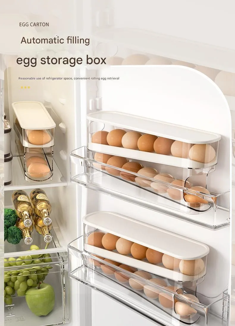 White plastic refrigerator slide-out egg tray with automatic dispenser mounted on refrigerator door