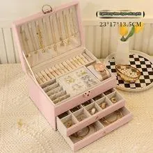 Leather jewellery storage box with three drawers in choice of colours.