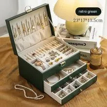 Leather jewellery storage box with three drawers in choice of colours.