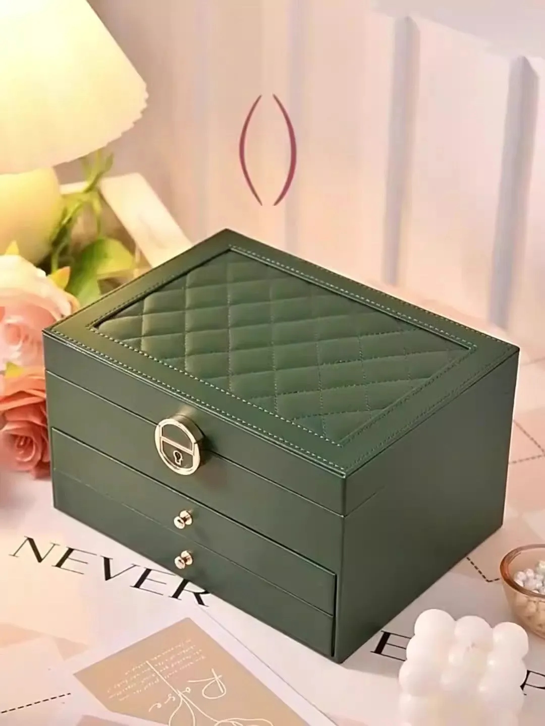 Leather jewellery storage box with three drawers in choice of colours.