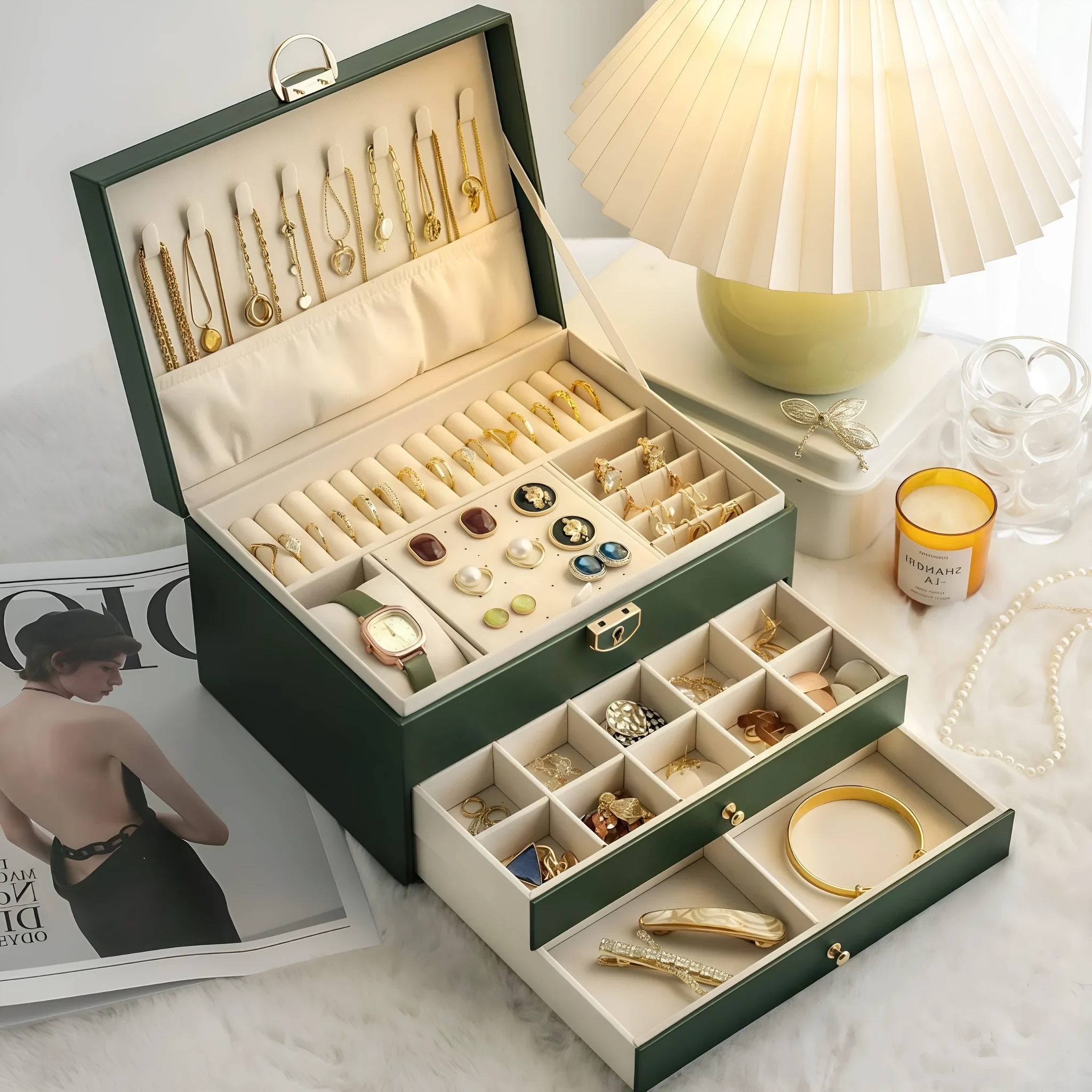 Leather jewellery storage box with three drawers in choice of colours.