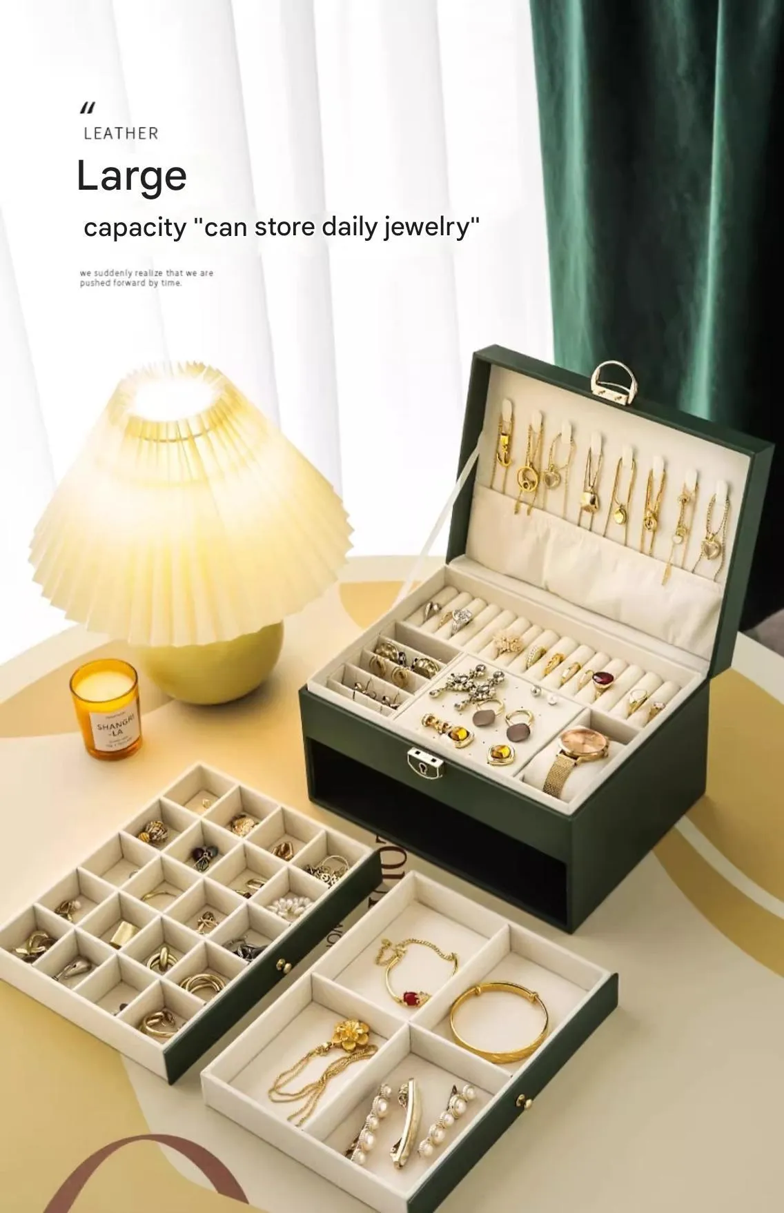 Leather jewellery storage box with three drawers in choice of colours.
