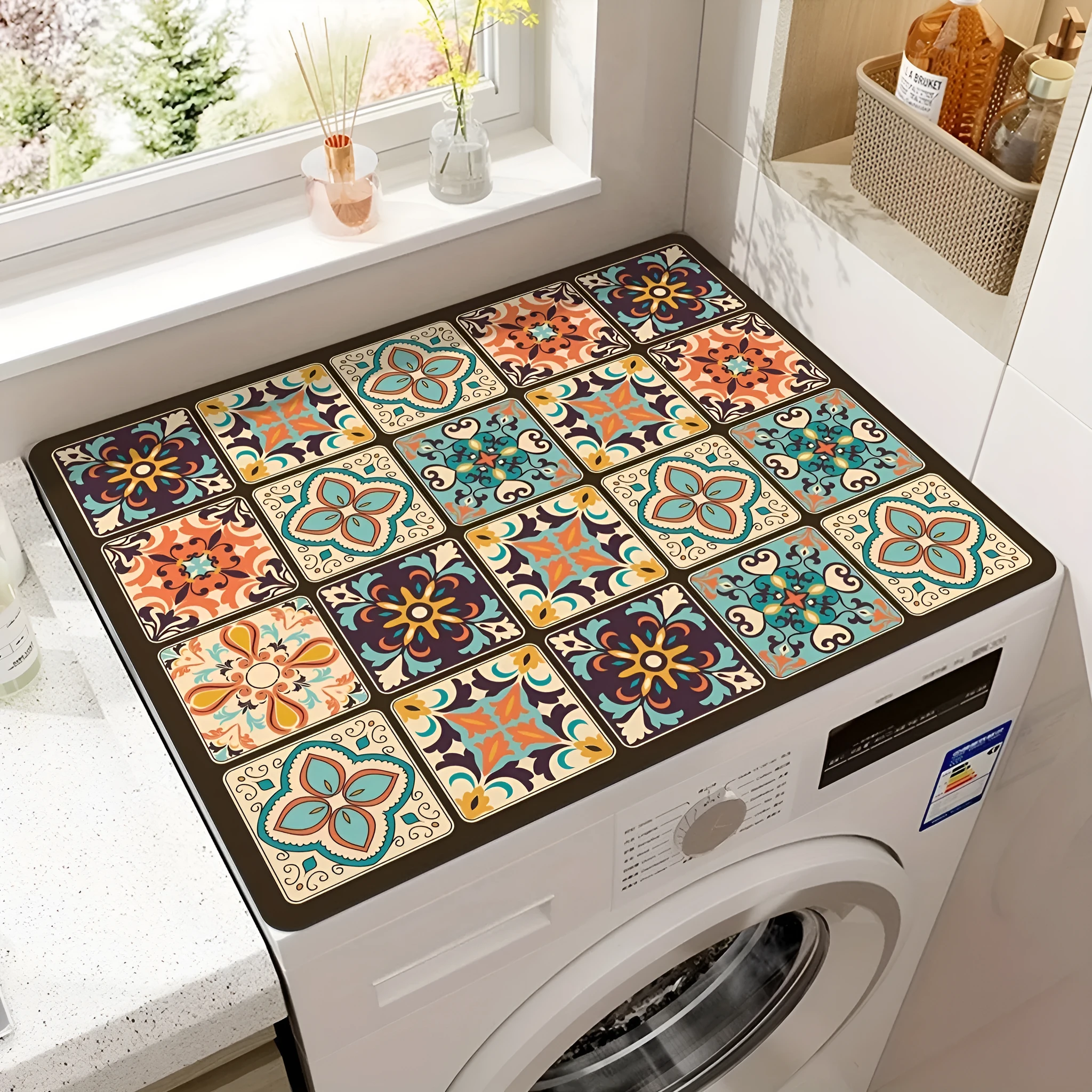 Square washing machine mat with abstract printed pattern in polyester fibre for laundry floor protection