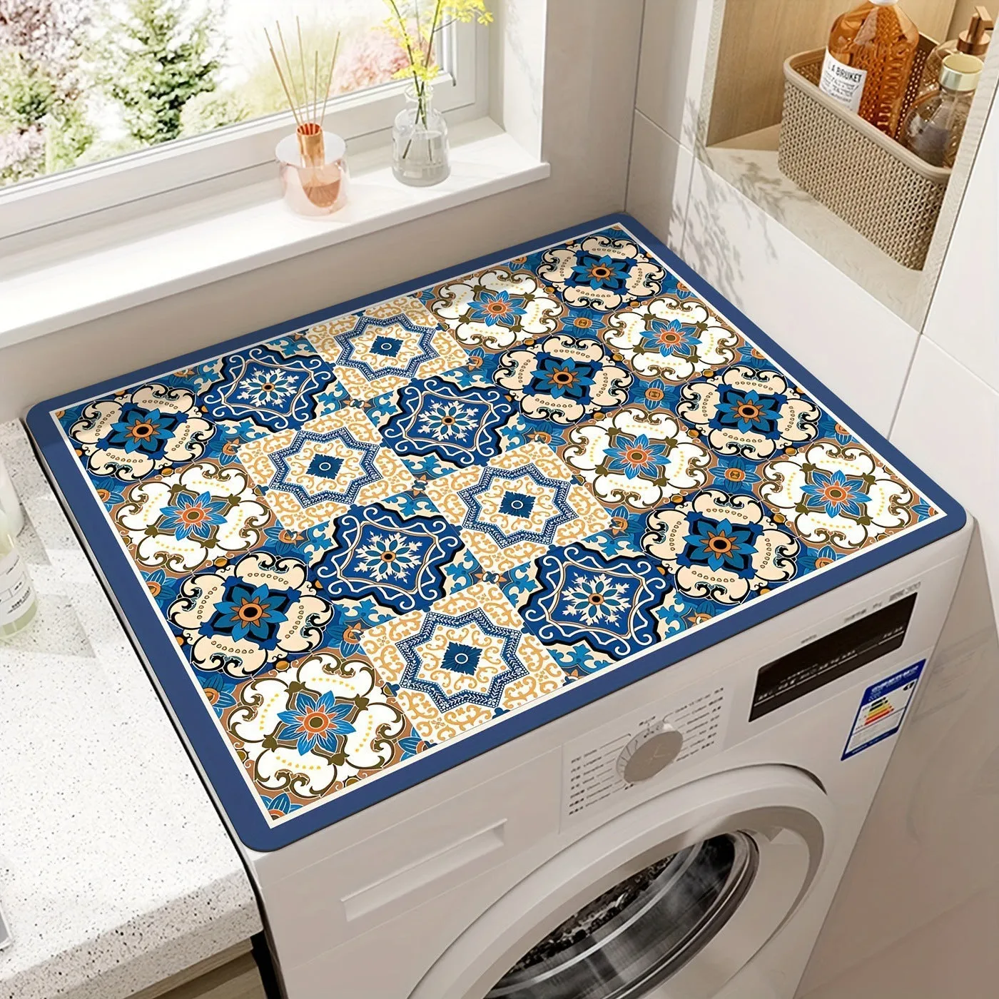 Square washing machine mat with abstract printed pattern in polyester fibre for laundry floor protection