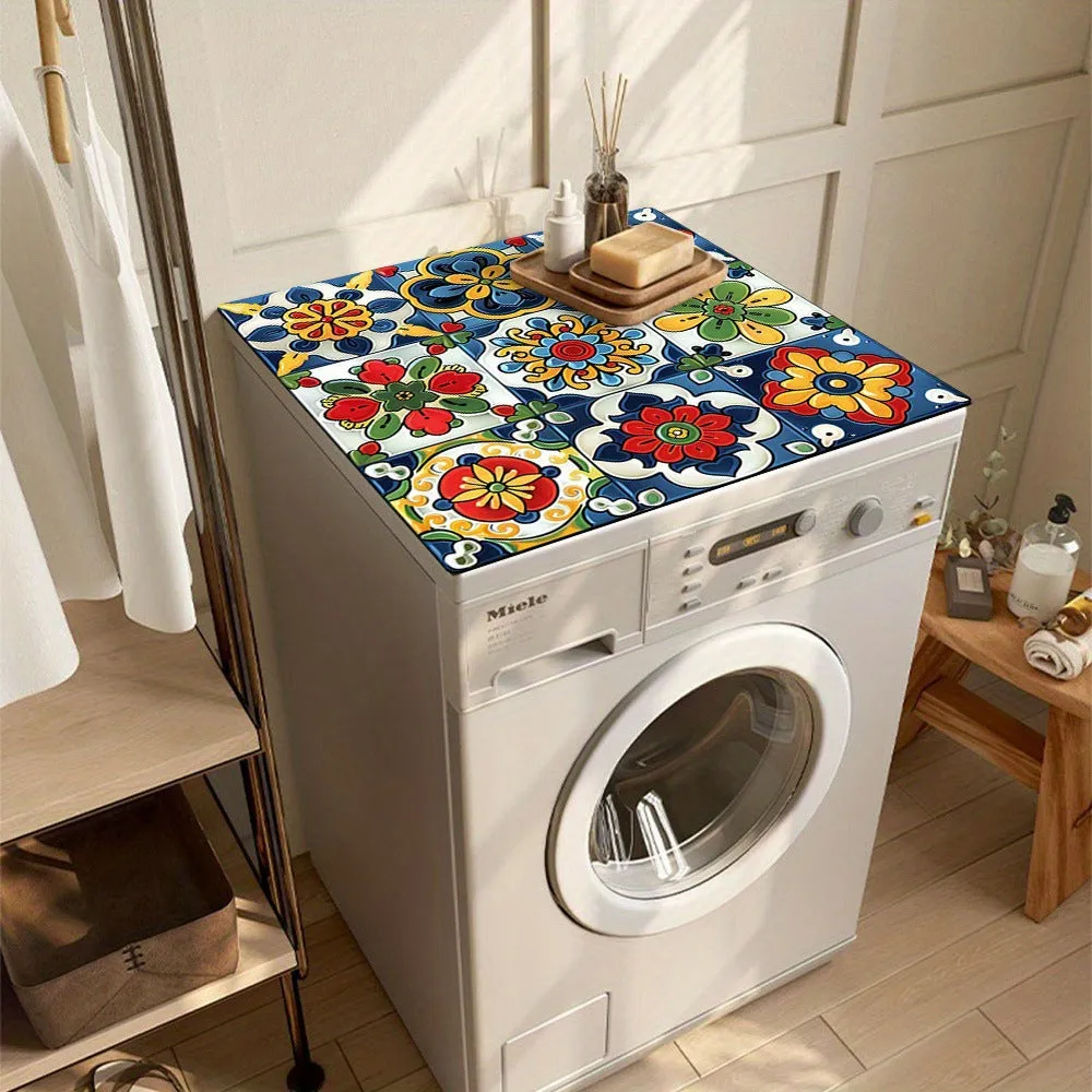 Square washing machine mat with abstract printed pattern in polyester fibre for laundry floor protection