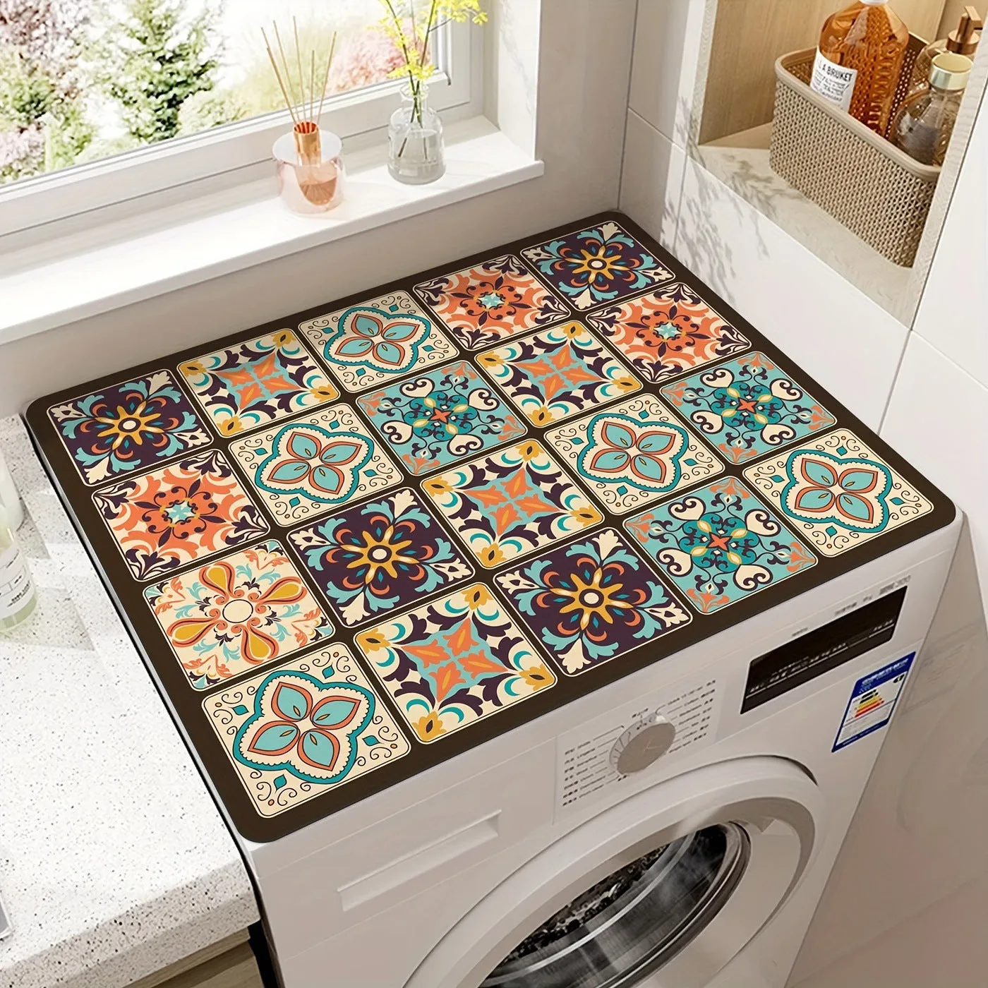 Square washing machine mat with abstract printed pattern in polyester fibre for laundry floor protection