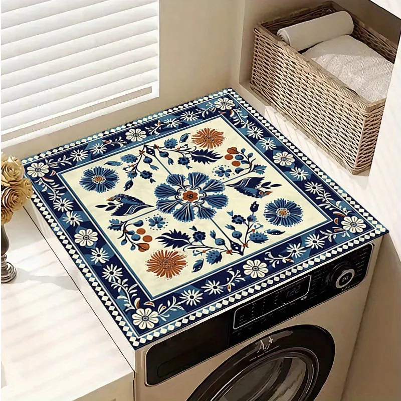 Square washing machine mat with abstract printed pattern in polyester fibre for laundry floor protection