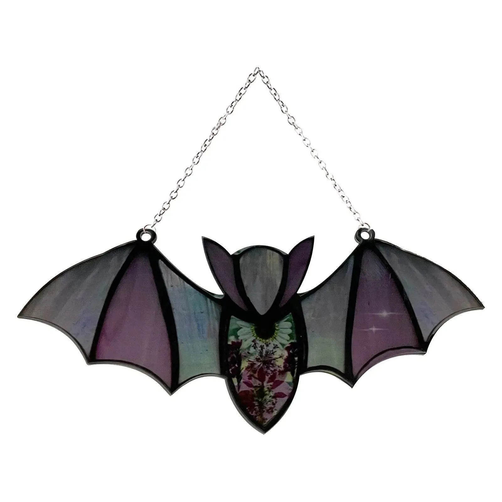 A modern art style bat printed on a clear acrylic wall hanging pendant.