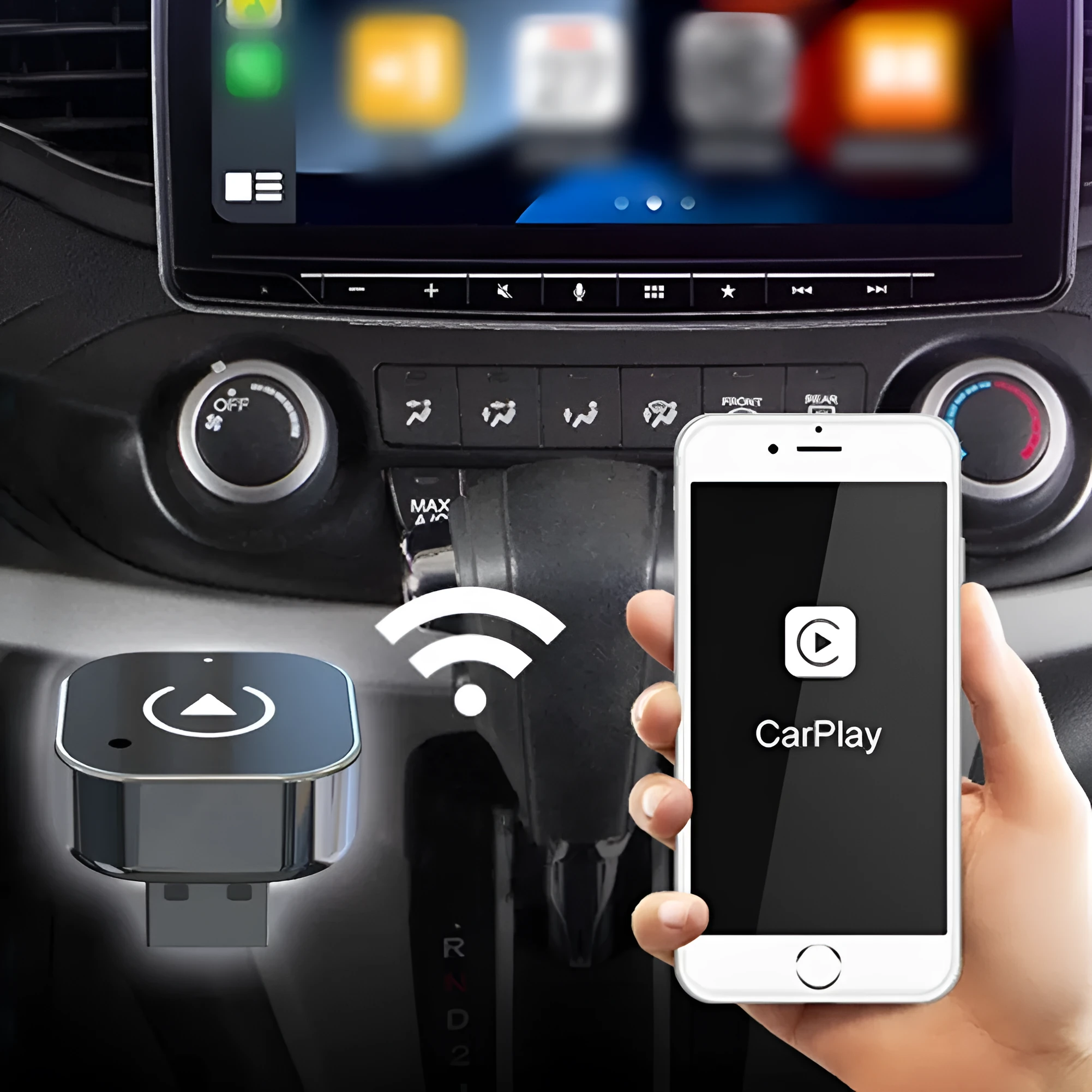 Black wireless CarPlay conversion adapter with USB connection for vehicle factory systems
