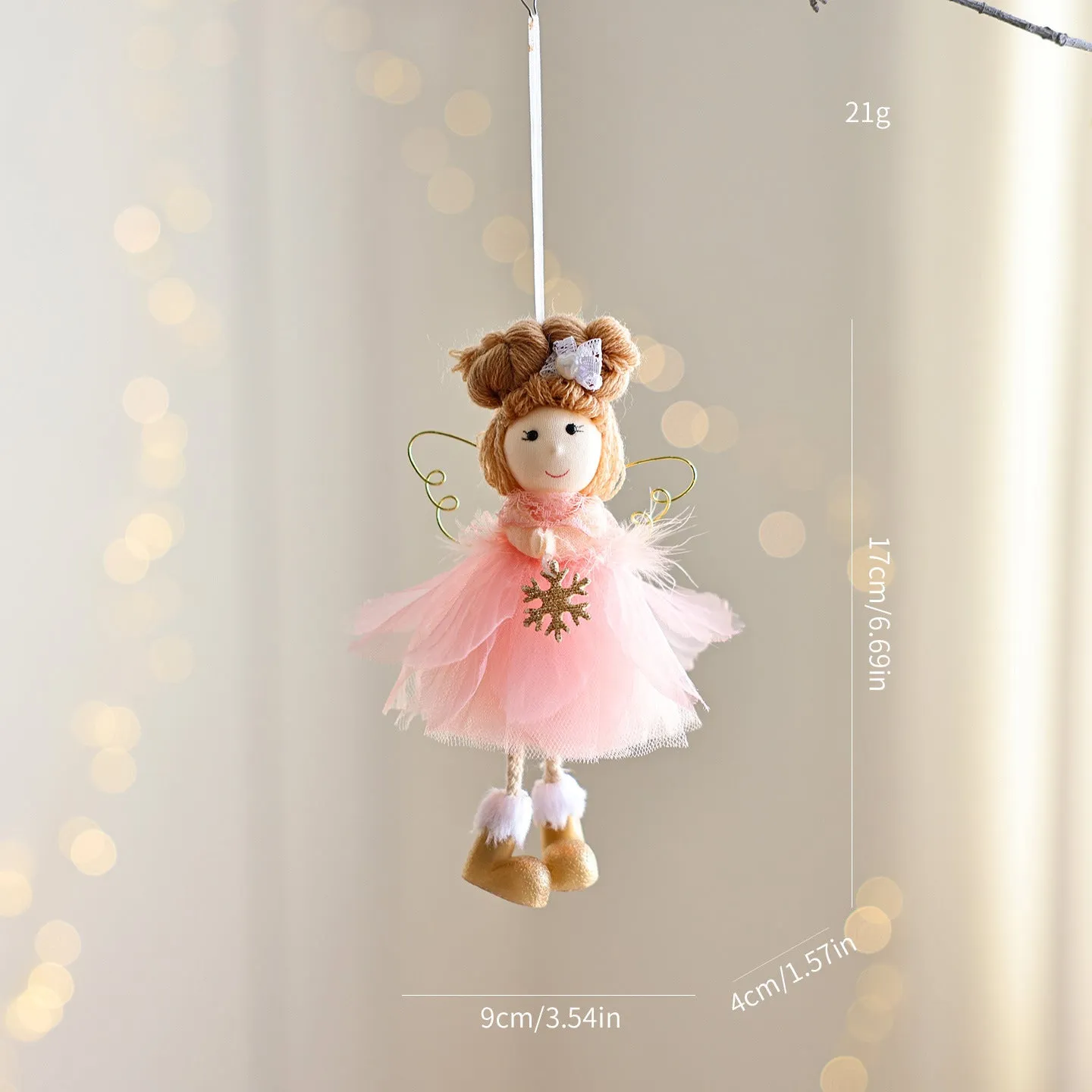 White Christmas tree angel girl hanging ornament with snowflake design and mixed material construction
