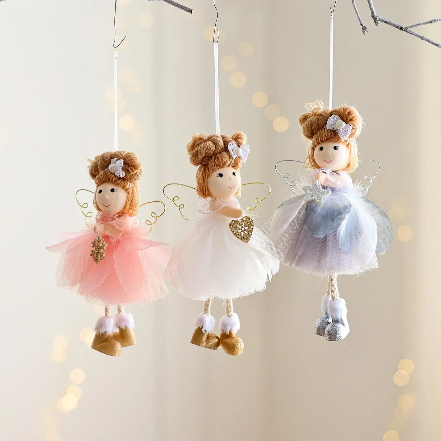 White Christmas tree angel girl hanging ornament with snowflake design and mixed material construction