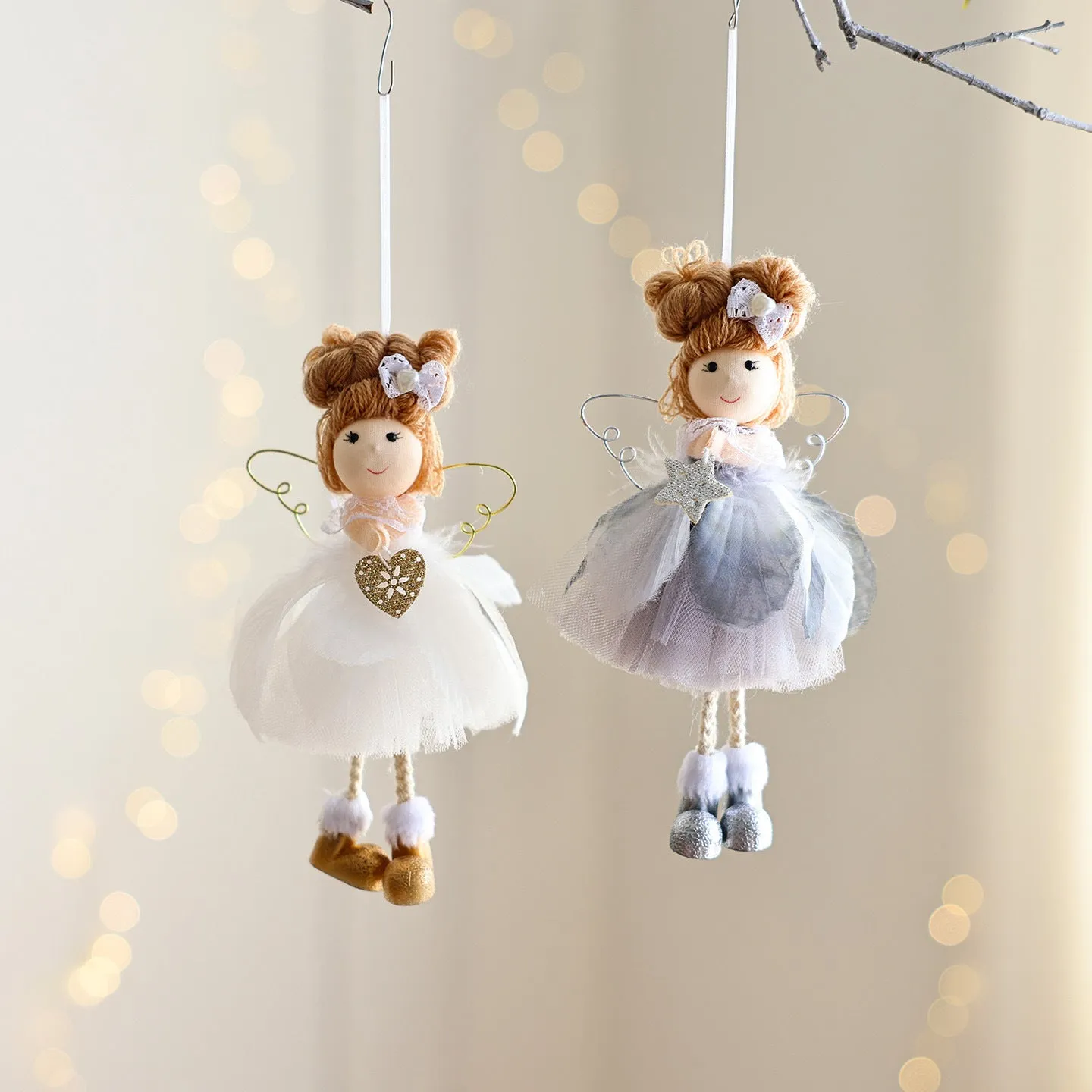 White Christmas tree angel girl hanging ornament with snowflake design and mixed material construction