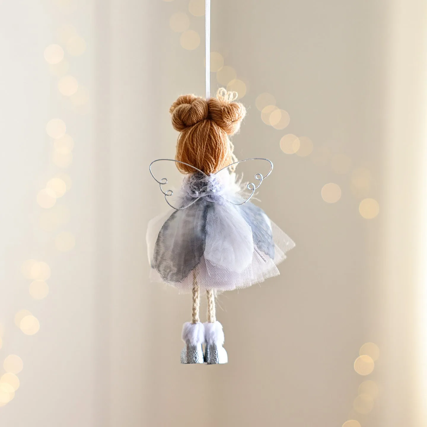 White Christmas tree angel girl hanging ornament with snowflake design and mixed material construction