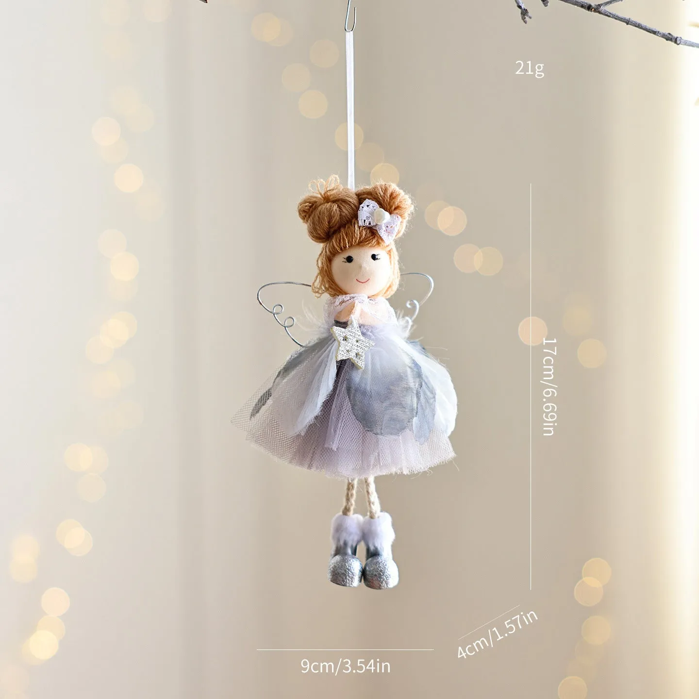White Christmas tree angel girl hanging ornament with snowflake design and mixed material construction