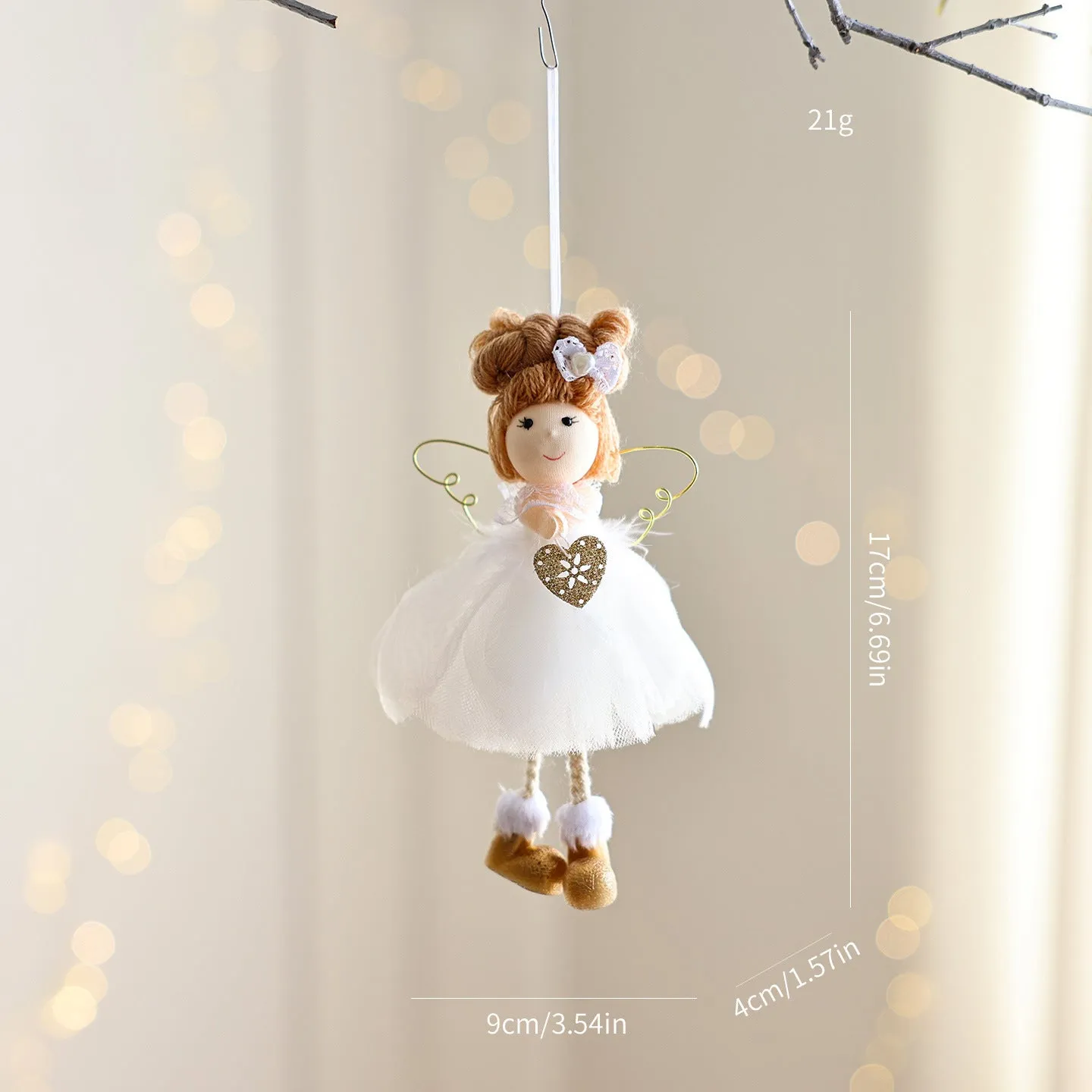 White Christmas tree angel girl hanging ornament with snowflake design and mixed material construction