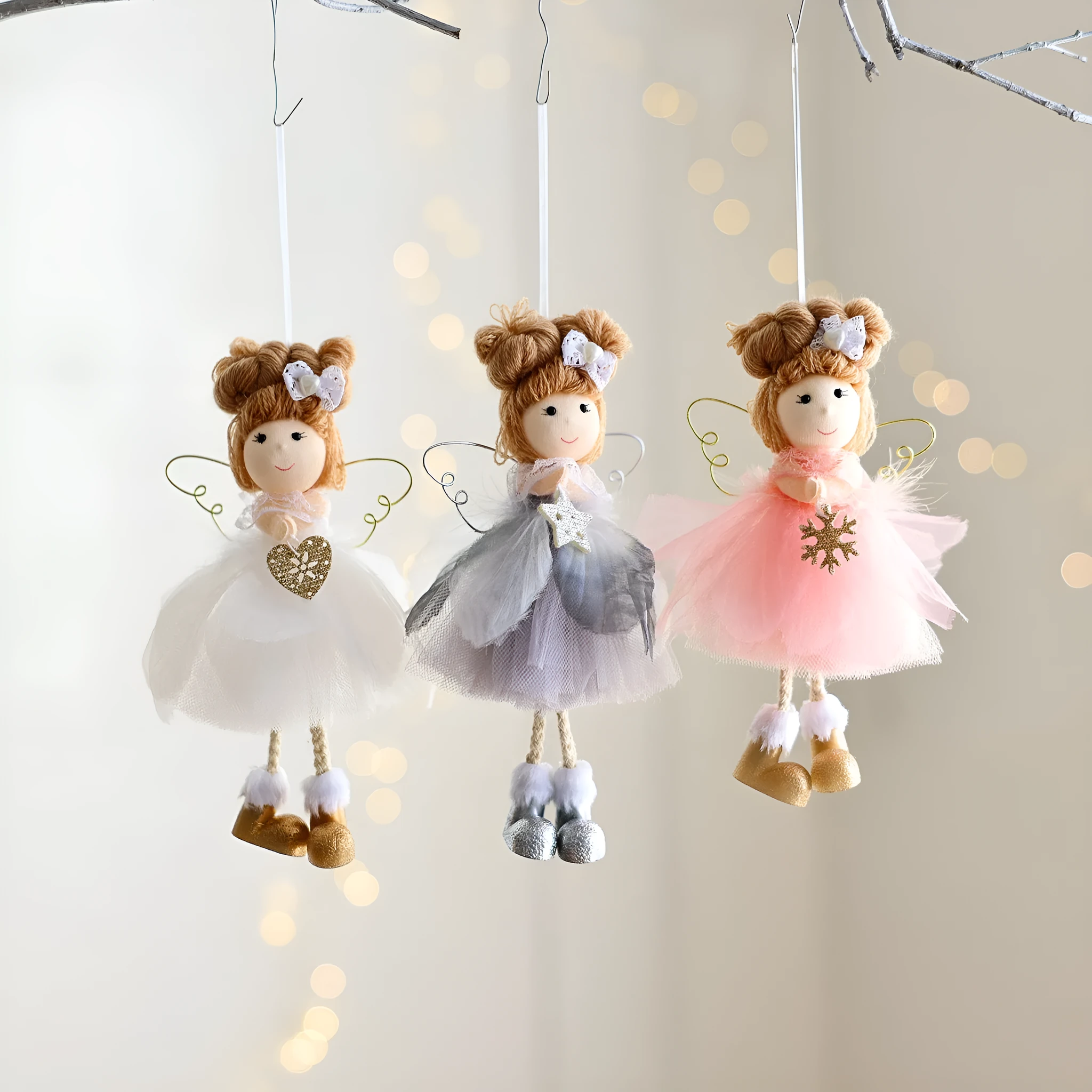White Christmas tree angel girl hanging ornament with snowflake design and mixed material construction