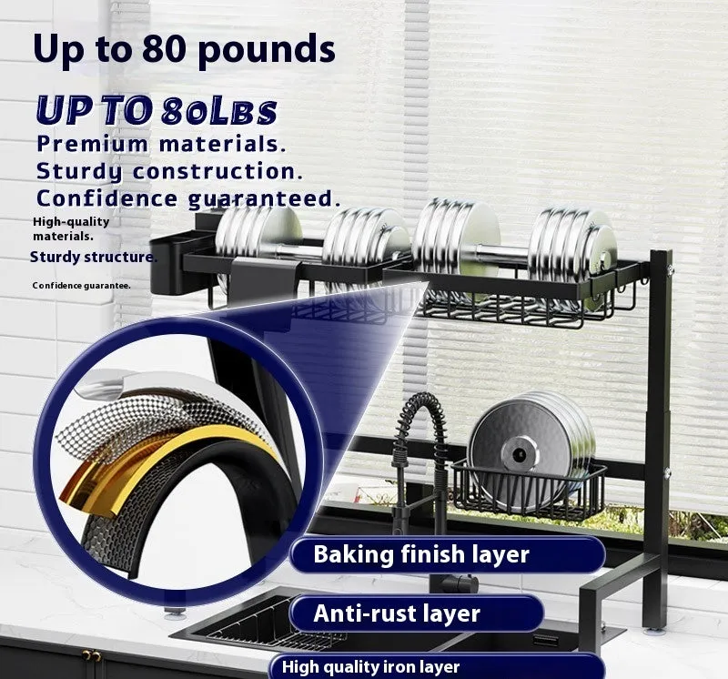 Black retractable metal kitchen draining rack with water pot holder on countertop