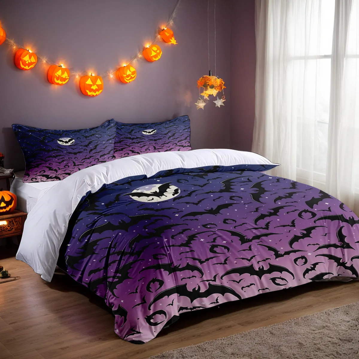 White three-piece bed set with digital print pattern on a bed, includes quilt cover and two pillowcases in modern simple style