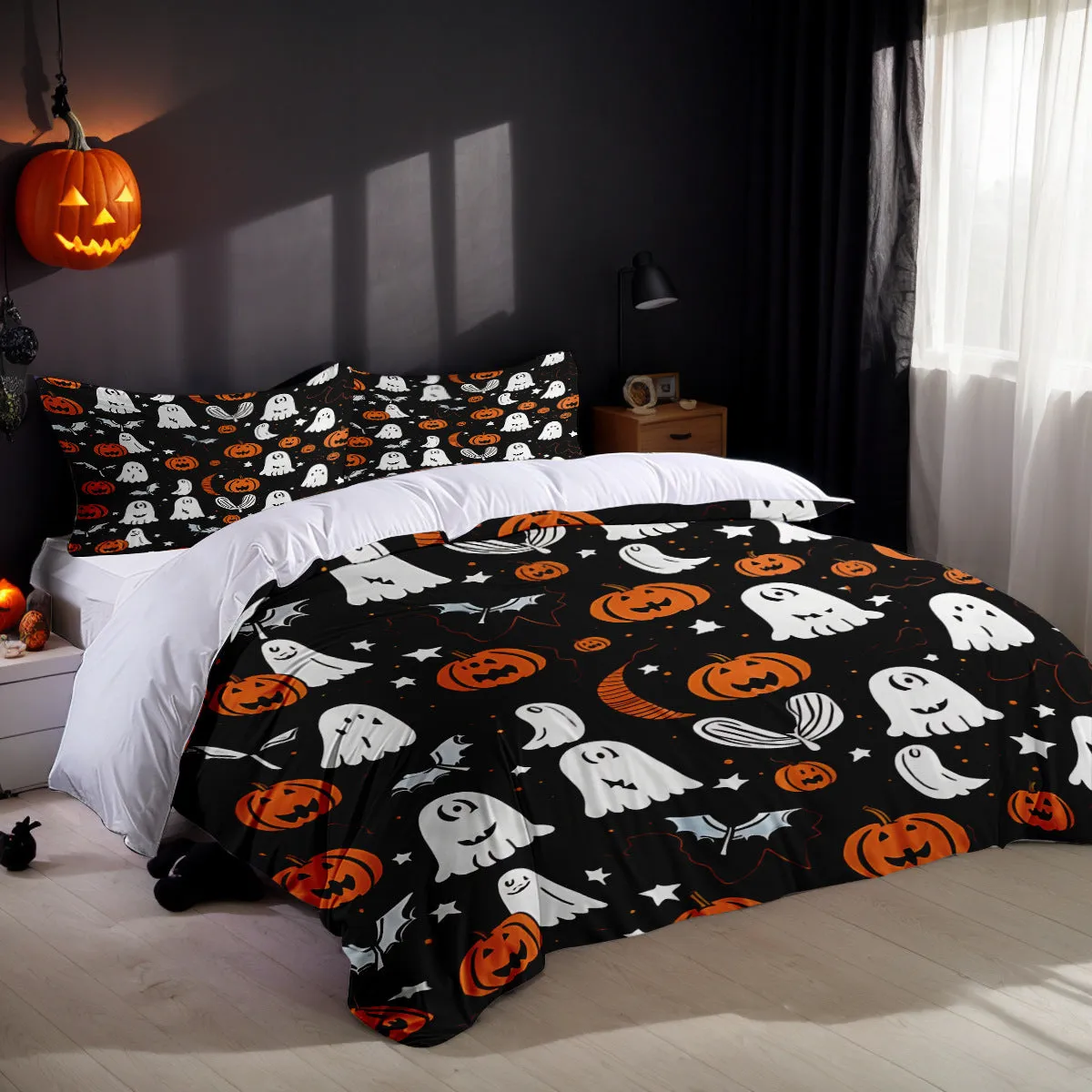White three-piece bed set with digital print pattern on a bed, includes quilt cover and two pillowcases in modern simple style