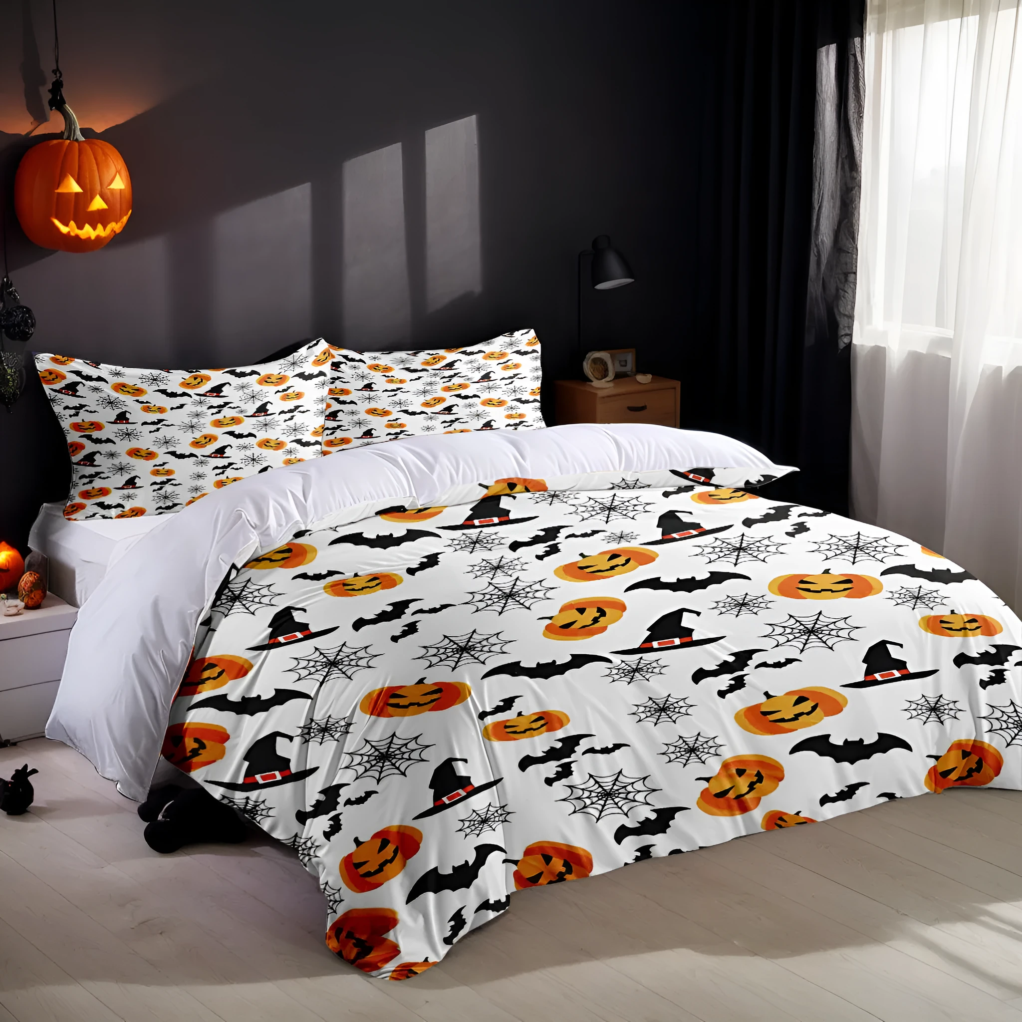 White three-piece bed set with digital print pattern on a bed, includes quilt cover and two pillowcases in modern simple style