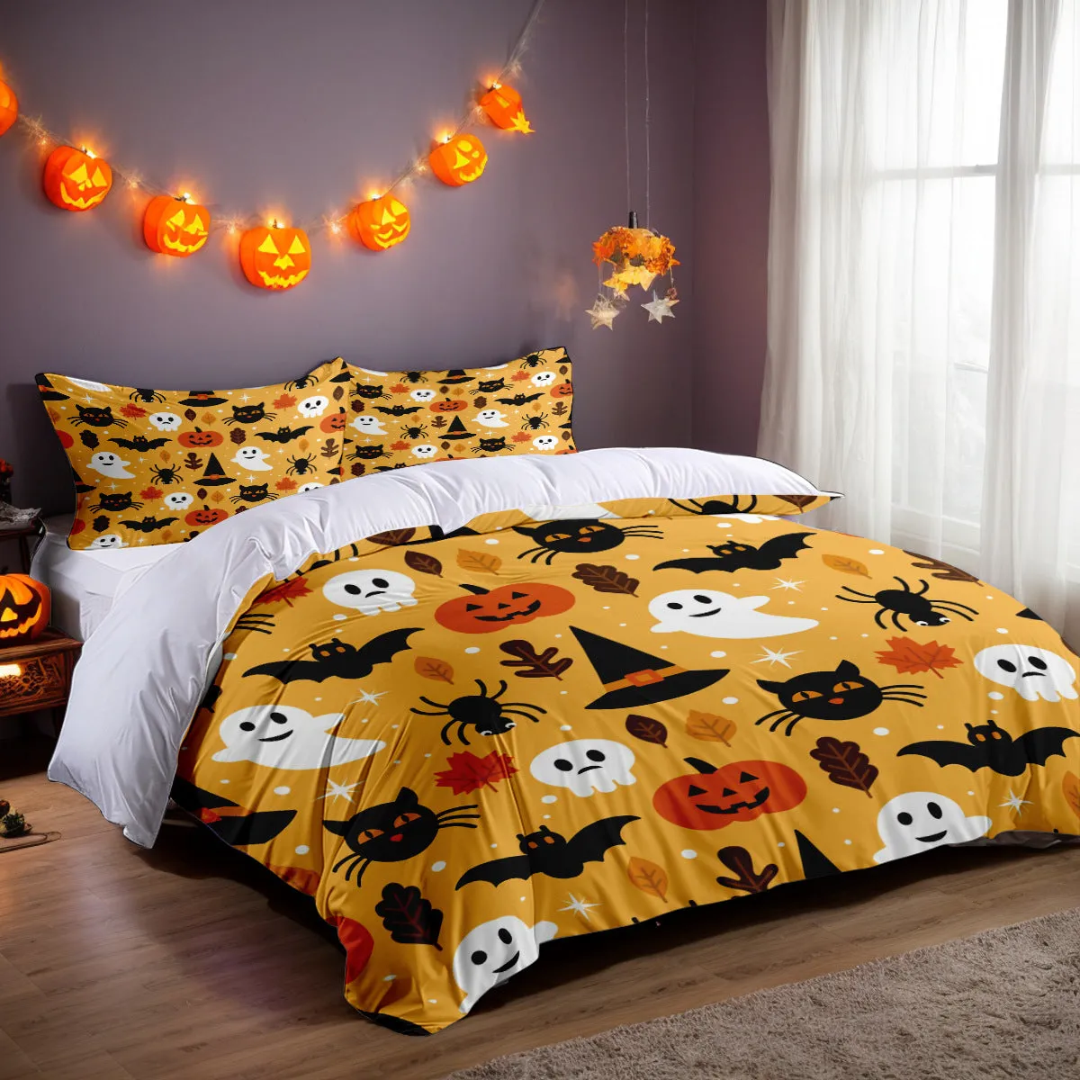 White three-piece bed set with digital print pattern on a bed, includes quilt cover and two pillowcases in modern simple style