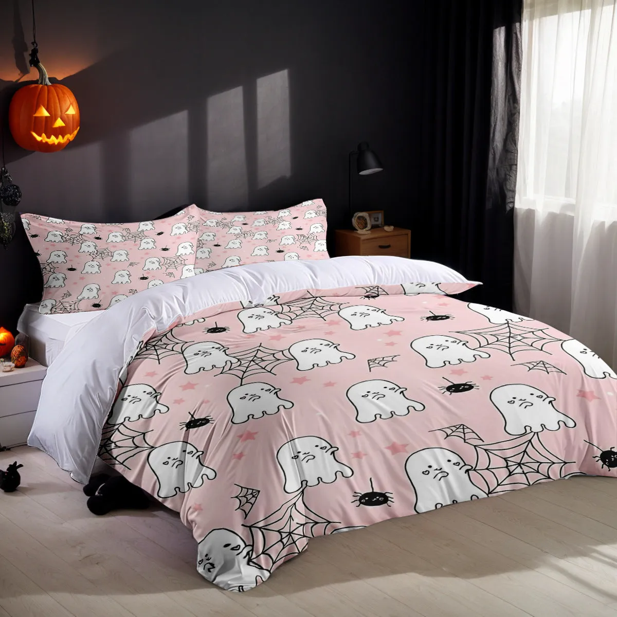 White three-piece bed set with digital print pattern on a bed, includes quilt cover and two pillowcases in modern simple style