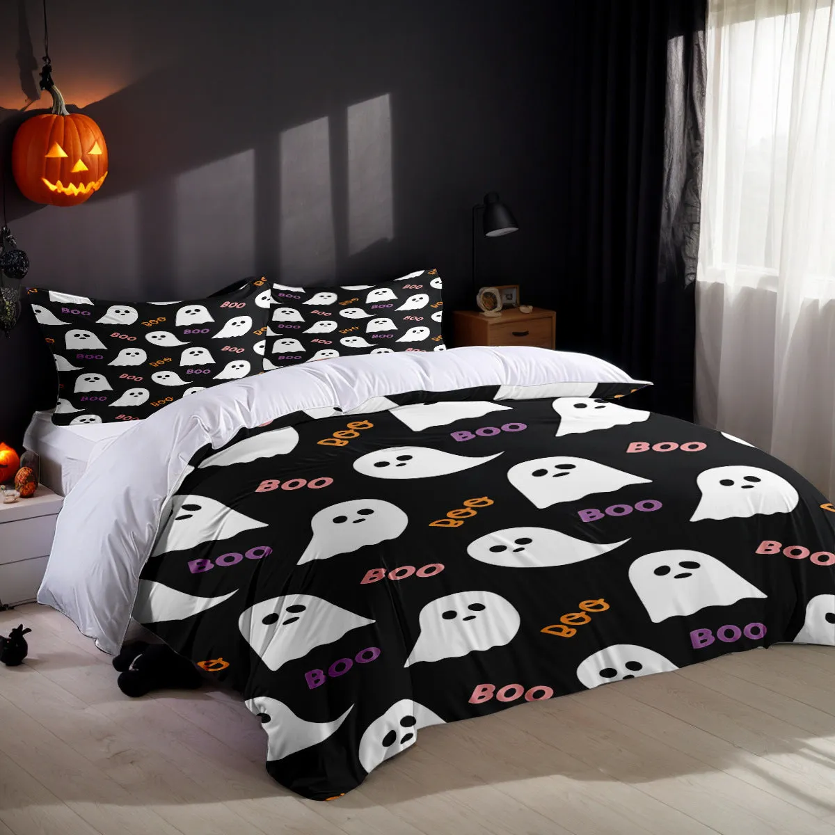 White three-piece bed set with digital print pattern on a bed, includes quilt cover and two pillowcases in modern simple style