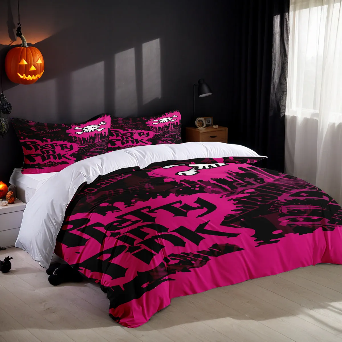 White three-piece bed set with digital print pattern on a bed, includes quilt cover and two pillowcases in modern simple style