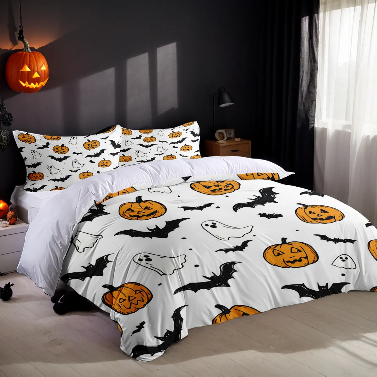 White three-piece bed set with digital print pattern on a bed, includes quilt cover and two pillowcases in modern simple style