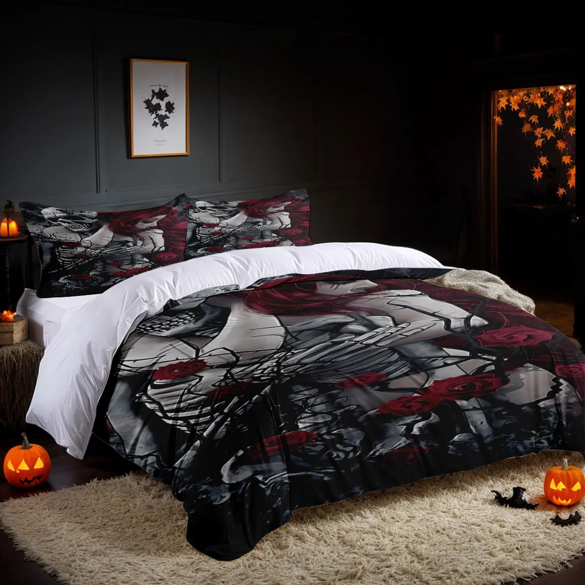 White three-piece bed set with digital print pattern on a bed, includes quilt cover and two pillowcases in modern simple style