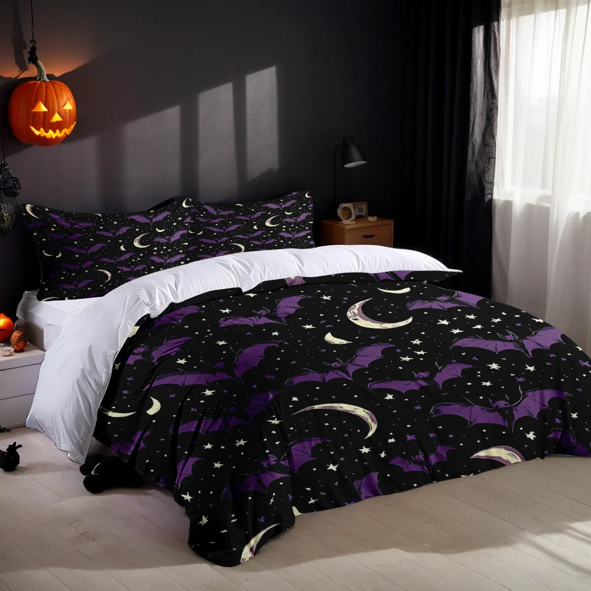 White three-piece bed set with digital print pattern on a bed, includes quilt cover and two pillowcases in modern simple style
