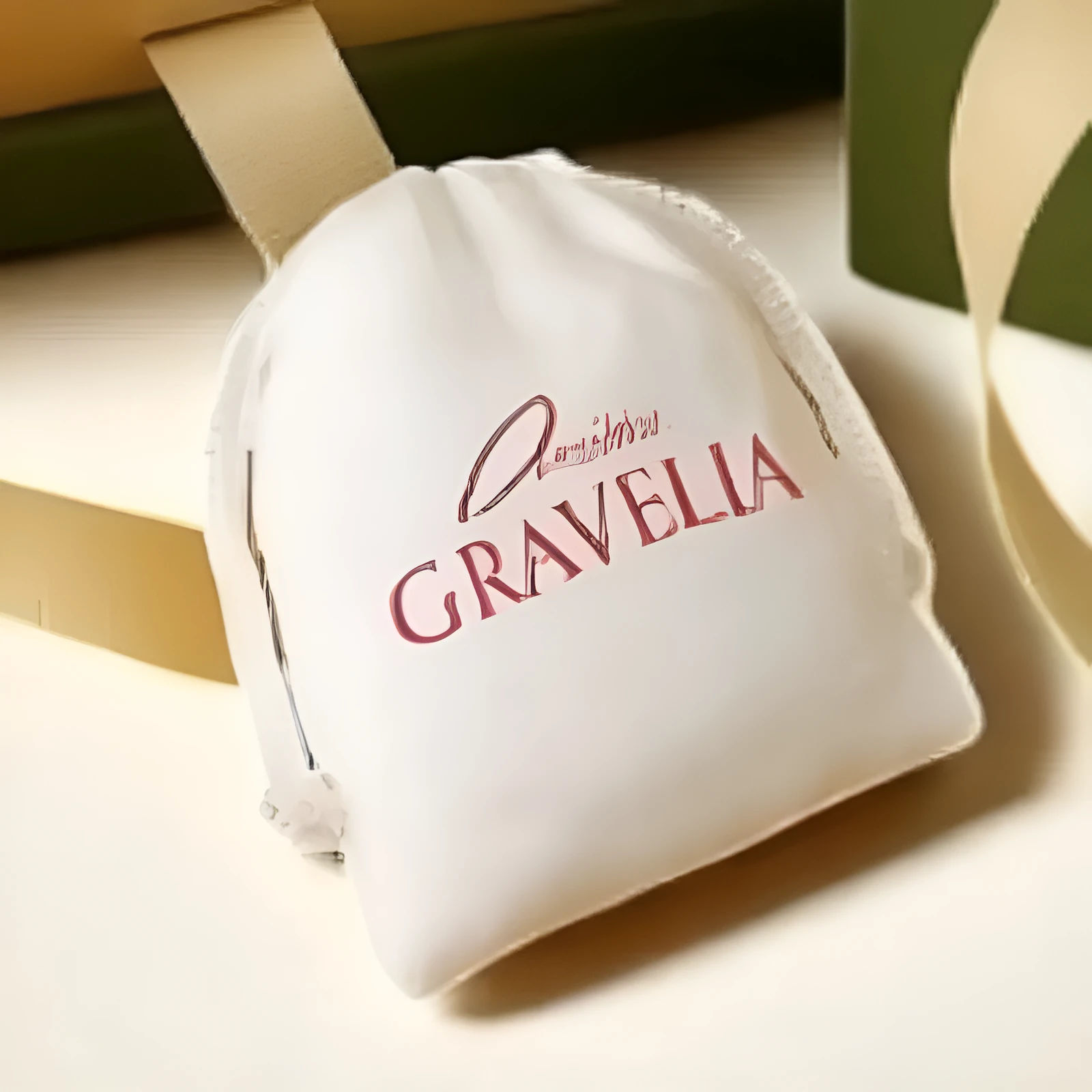 White drawstring cloth jewellery bag with heat transfer print and flocked interior, 12x15cm