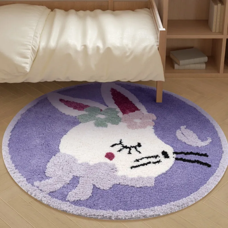 Round children's carpet with rabbit print, polyester, 80cm diameter, anti-slip, forest green