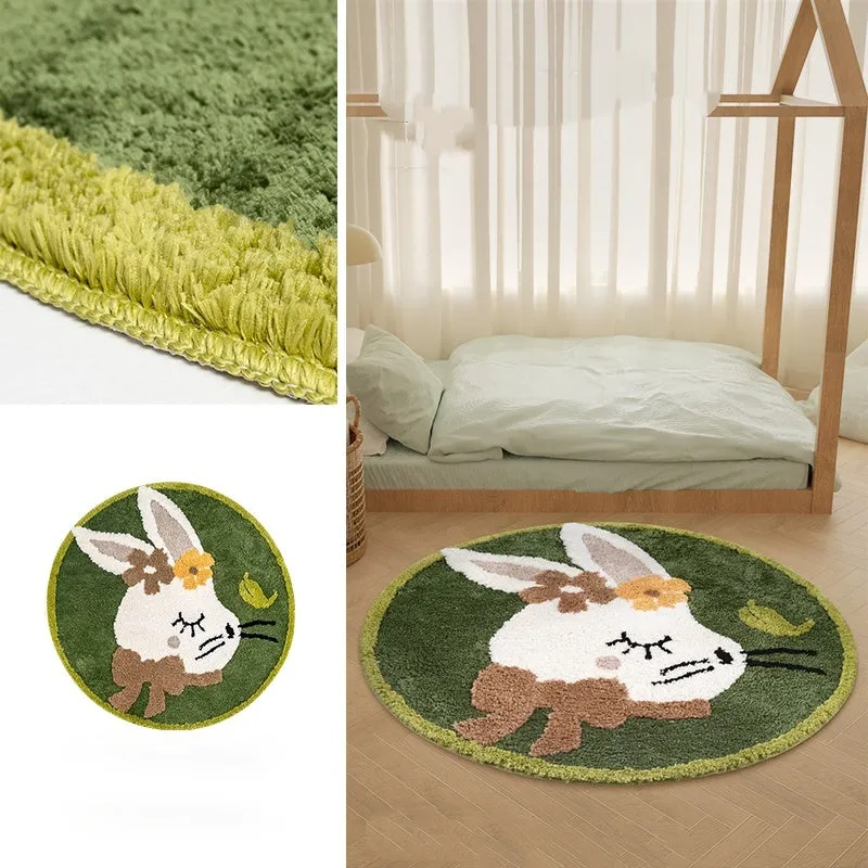 Round children's carpet with rabbit print, polyester, 80cm diameter, anti-slip, forest green