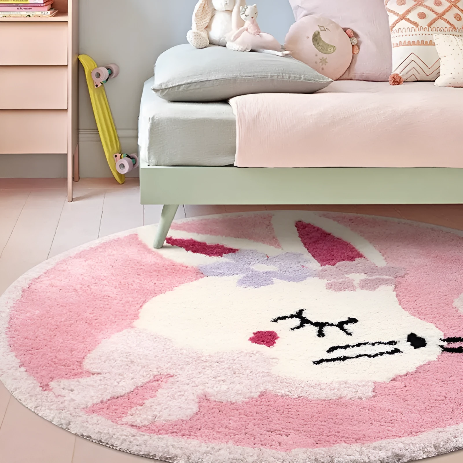 Round children's carpet with rabbit print, polyester, 80cm diameter, anti-slip, forest green